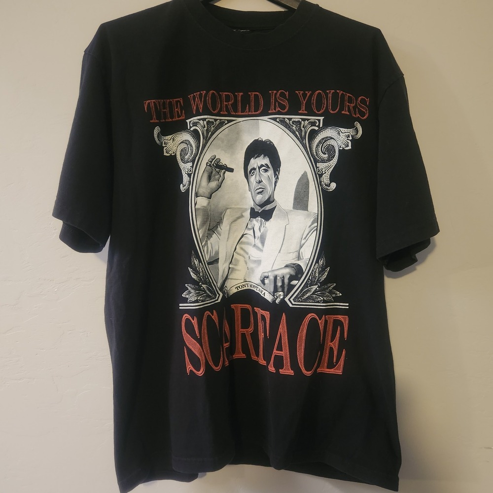 Vintage Scarface Tony Montana The World Is Yours Black T Shirt Size XL Movie Tee
